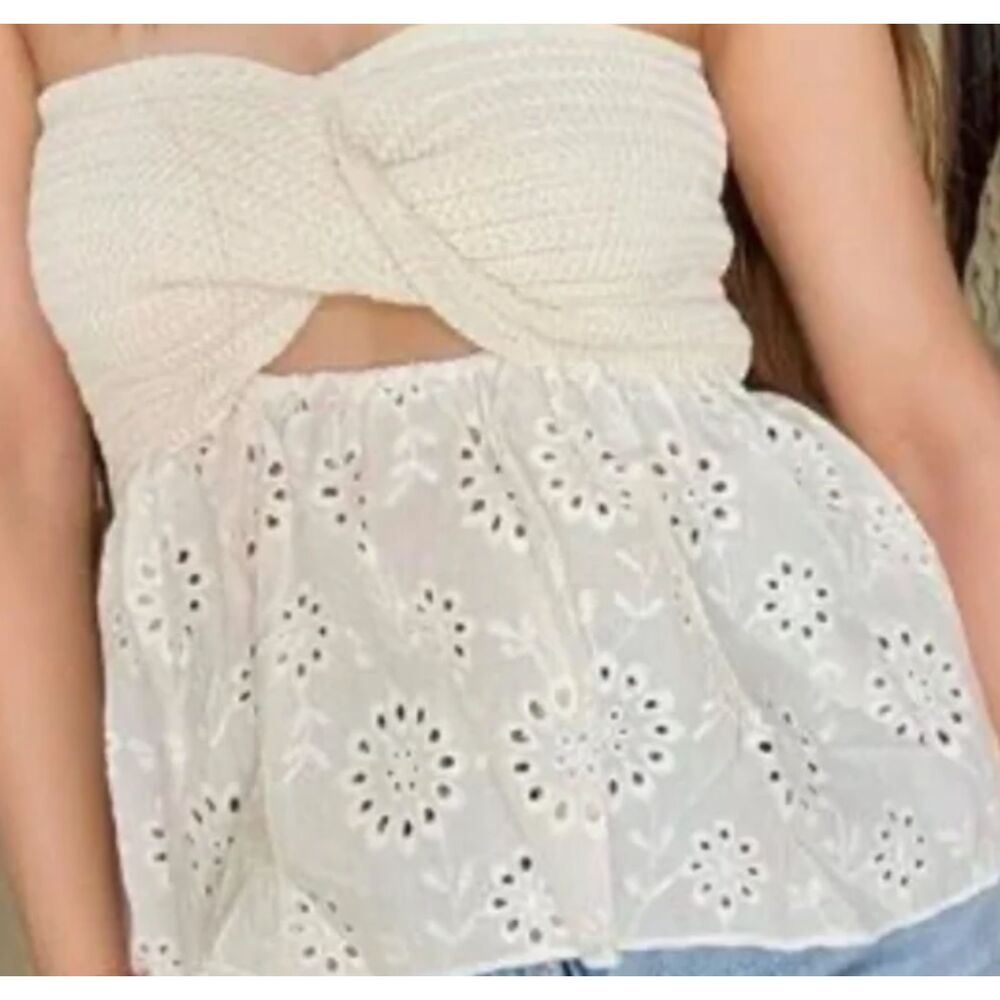 ~ Boho S Top Strapless Eyelet Beachy Sweater Knit Stretchy Hippie Festival Ivory